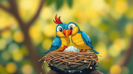 A bold acrylic painting featuring two cartoon birds diligently building a nest, rendered in a classic animation style. The ar