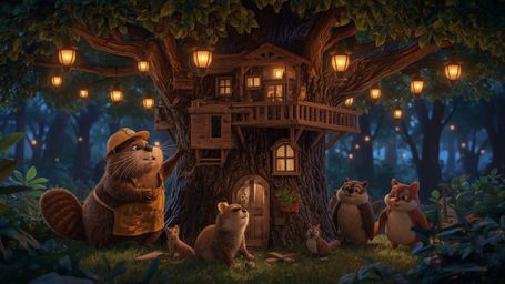 A high-resolution, warmly lit stock photo of a beaver with expressive, Pixar-esque features, wearing a tiny carpenter's apron