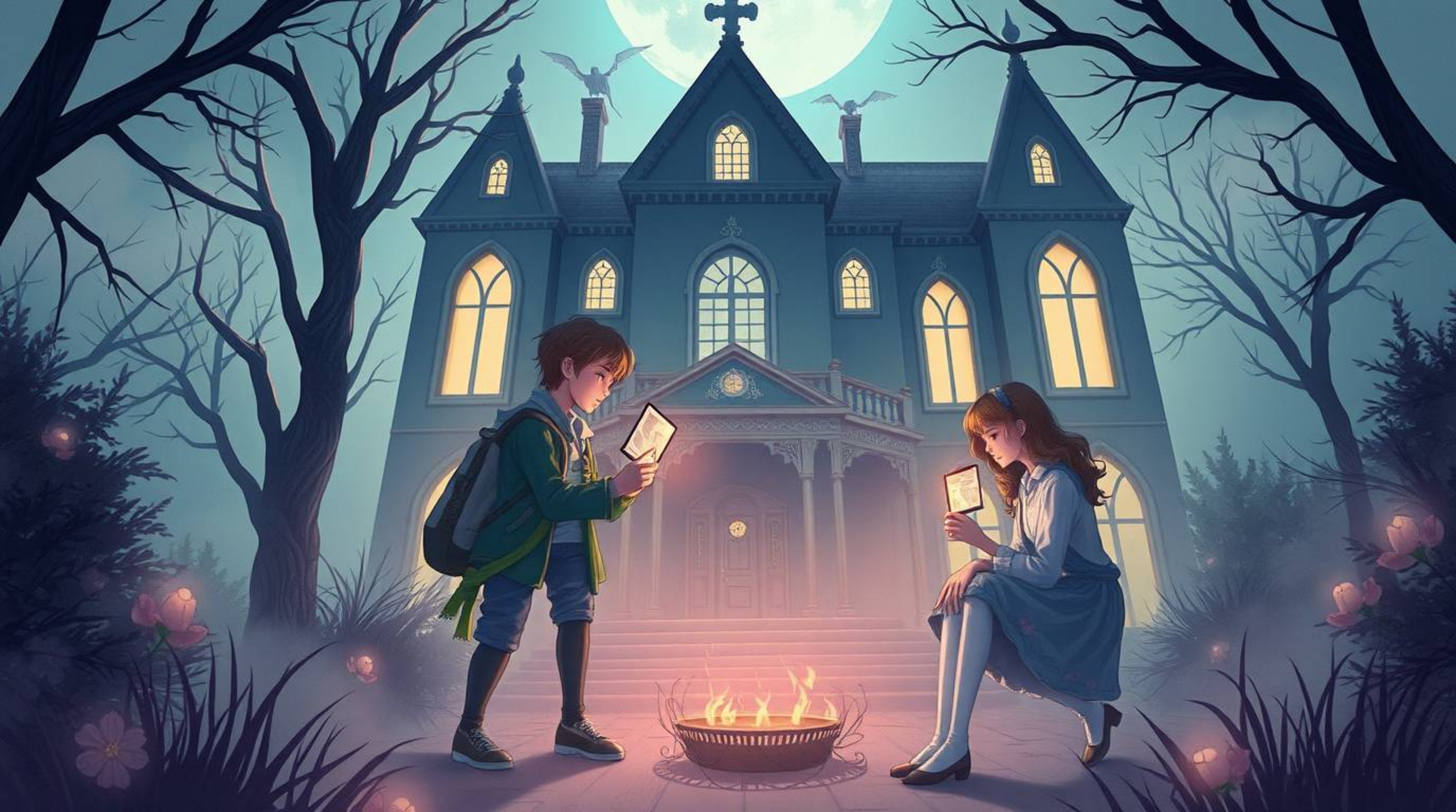 Immerse yourself in a mystical illustration depicting a group of teens unraveling secrets within a haunted mansion. This artw