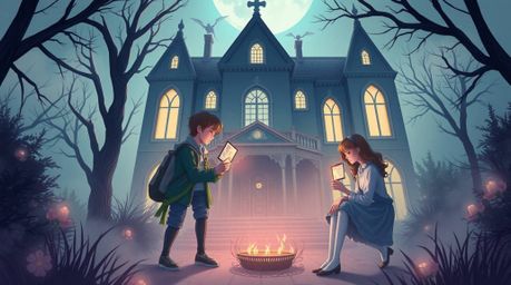 Immerse yourself in a mystical illustration depicting a group of teens unraveling secrets within a haunted mansion. This artw