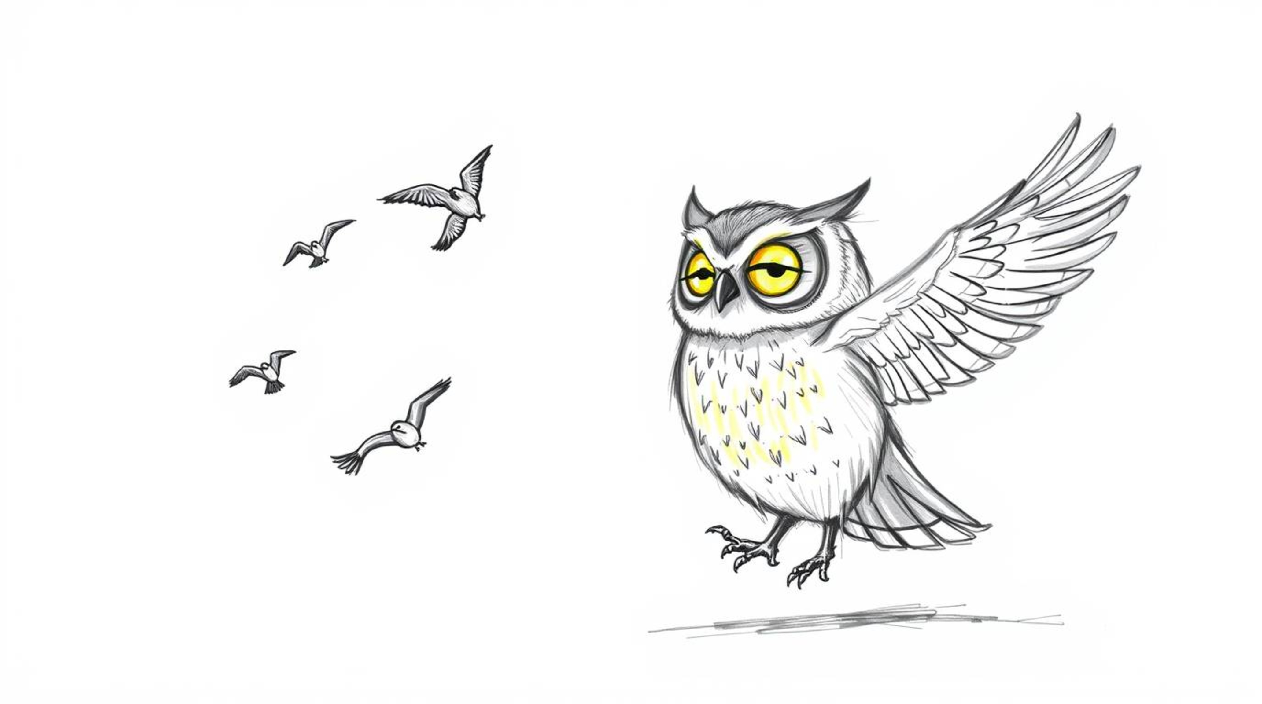 A hand-drawn sketch in Pixar style depicting a blind owl with glowing feathers illuminated by a sunbeam, is teaching birds to