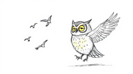A hand-drawn sketch in Pixar style depicting a blind owl with glowing feathers illuminated by a sunbeam, is teaching birds to