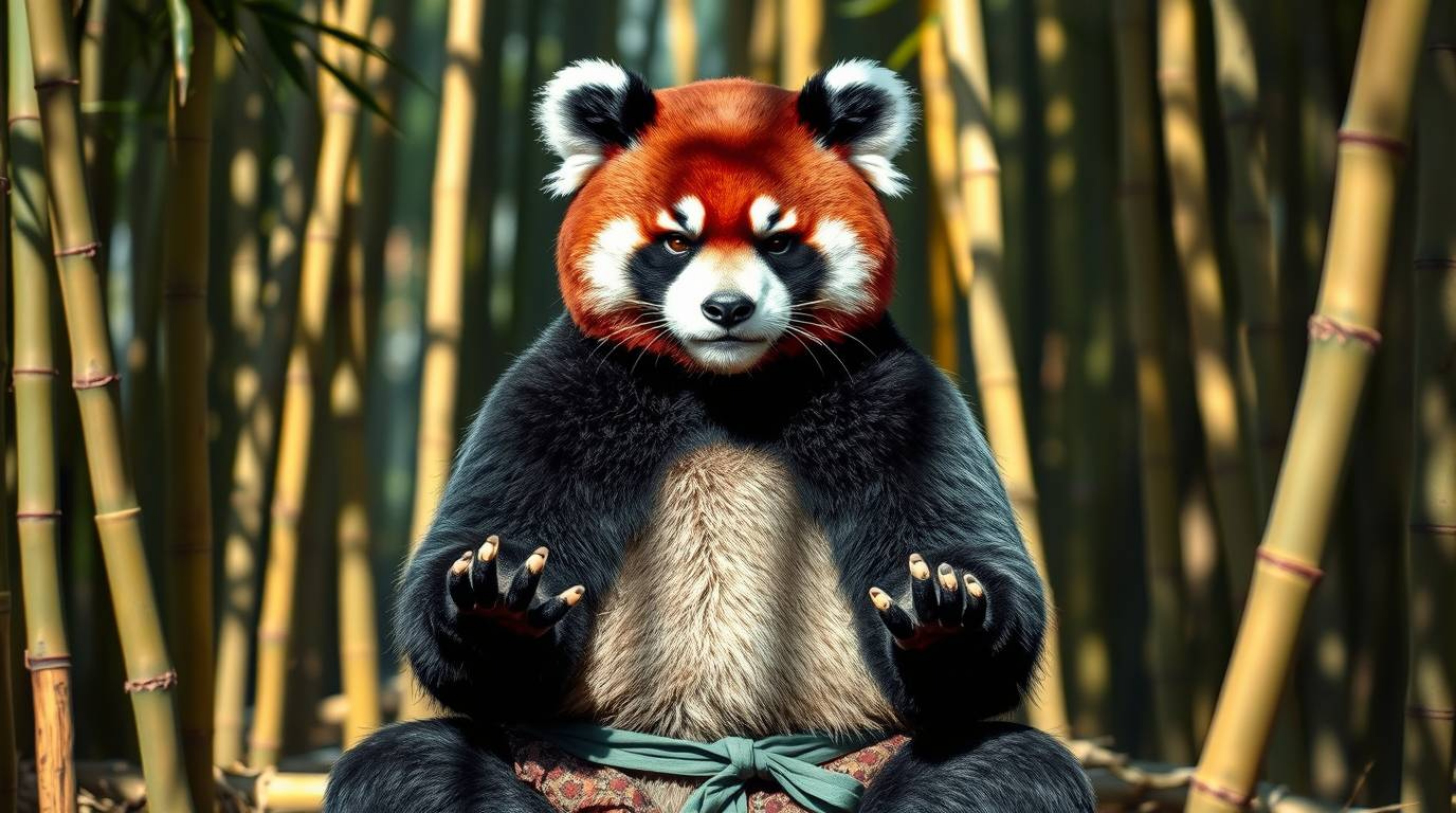 A sophisticated martial artist panda with rich burgundy and deep blue fur finds inner peace through meditation in a lush bamb