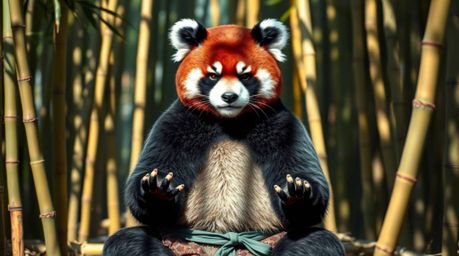 A sophisticated martial artist panda with rich burgundy and deep blue fur finds inner peace through meditation in a lush bamb