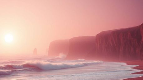Experience the ethereal beauty of a surreal sunset landscape. This artwork blends infrared tones with a modern flat design, c