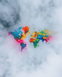 This vibrant and abstract artwork presents a world map formed from bright, colorful splashes, offering a creative and unique 