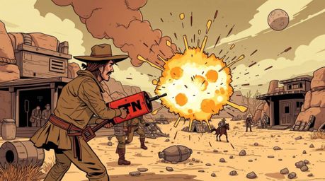 A captivating blend of classic Wild West and futuristic sci-fi, this image depicts an exploding TNT gag rendered in natural e