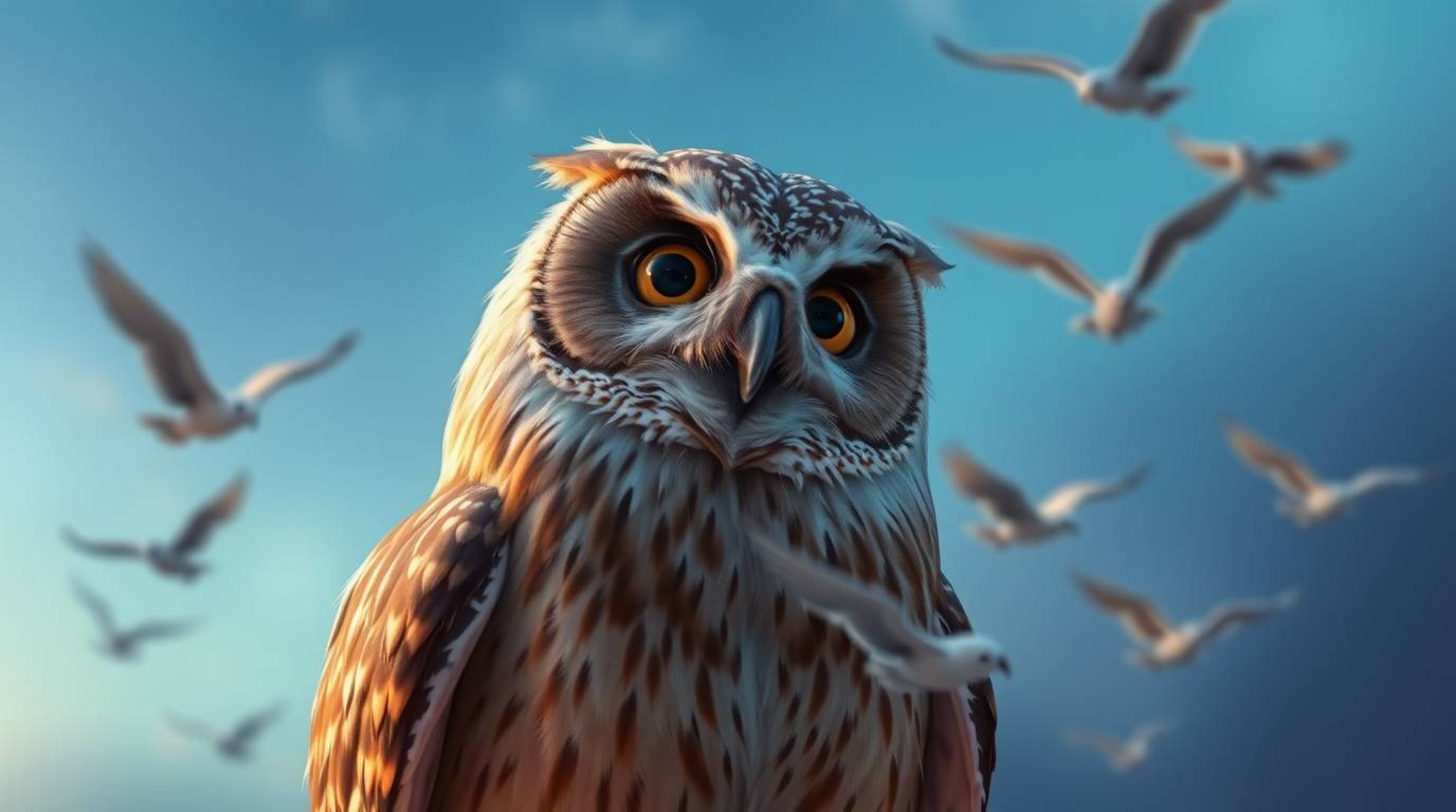 This long exposure photograph, featuring a soft cinematic haze and cool tones, captures a wise, blind owl rendered in Pixar's
