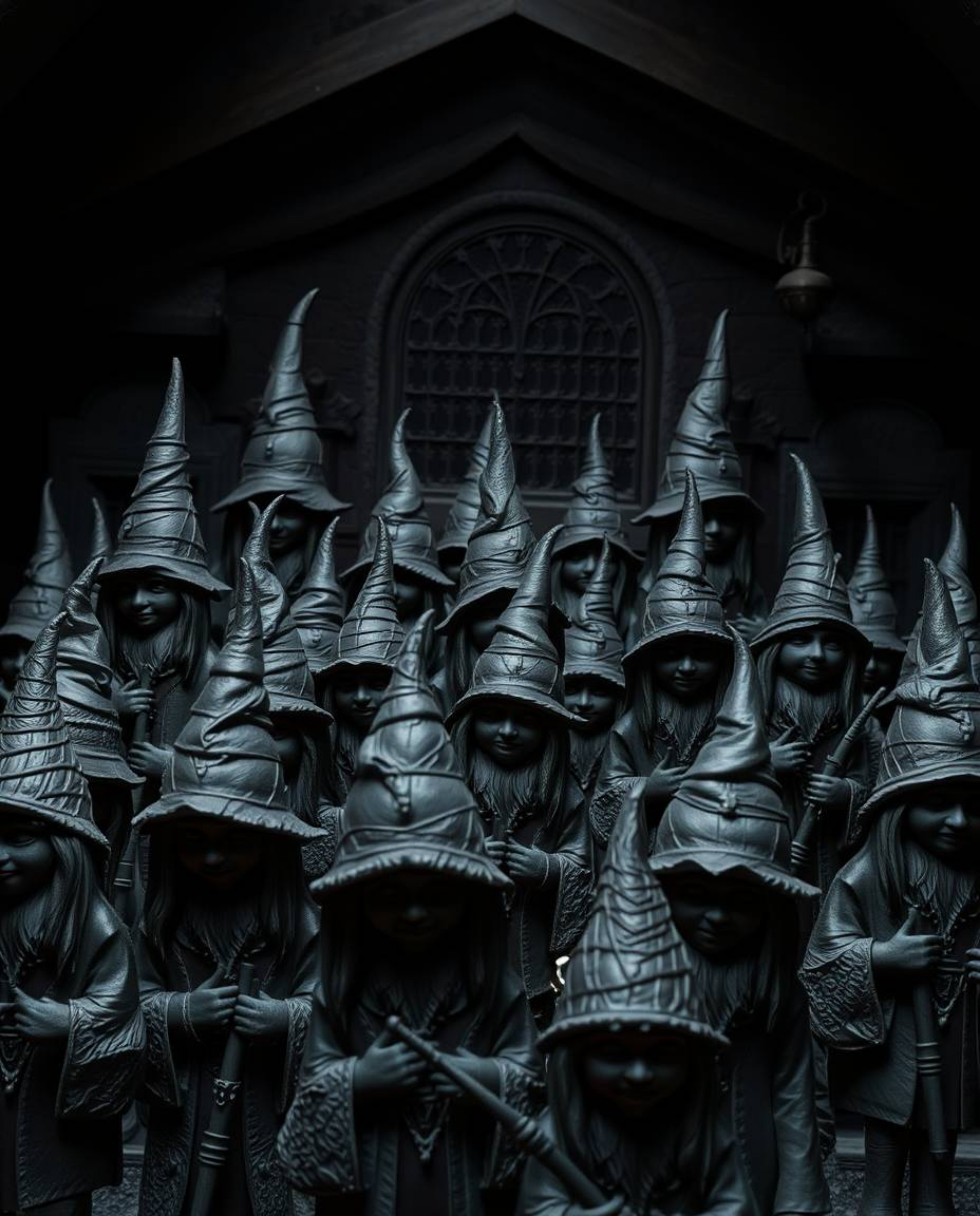 Explore a magical school brought to life through intense jet black sculpted clay. This artwork showcases modeled shapes, text