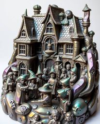 A captivating clay sculpture portrays a magical school brimming with young wizards.  The artwork showcases iridescent colors,