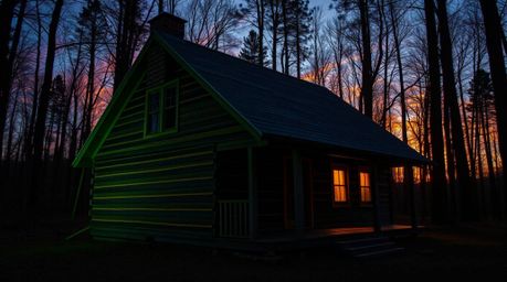 Capture the magic of an old wooden cabin nestled deep within the woods, bathed in the warm hues of a sunset and illuminated b