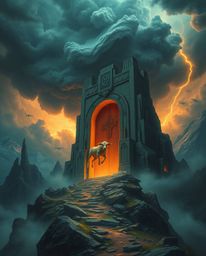 Explore a dreamlike realm where an ancient doorway, etched with glowing runes, stands embedded in a mountainside amidst inten