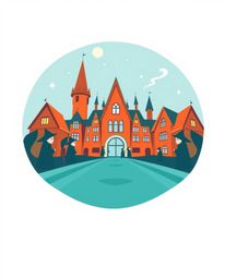 This striking logo design features a low-angle perspective of a magical school teeming with young wizards. Rendered in a capt