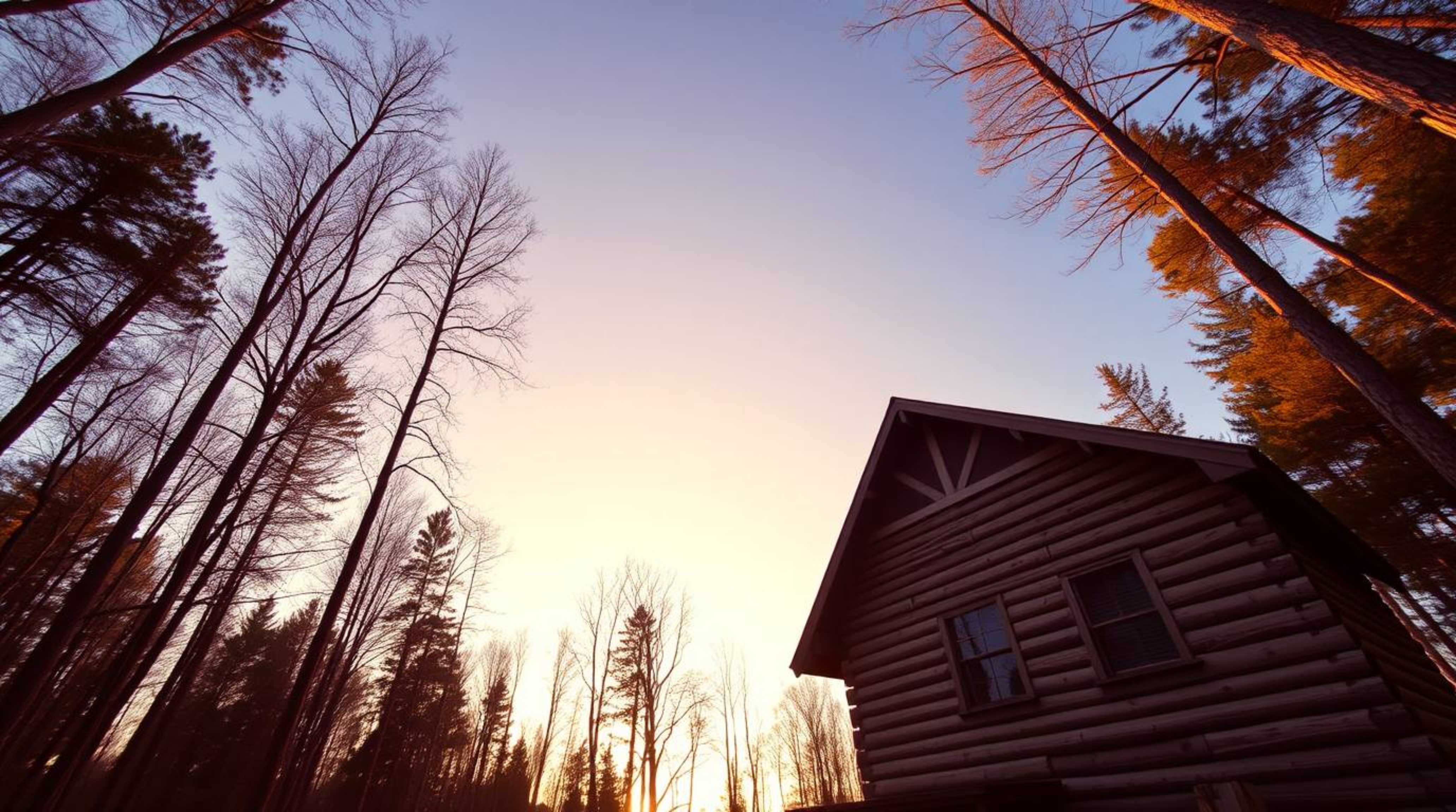 Captured from a low angle, this image presents an old wooden cabin nestled deep within the woods as the sun sets. The smooth 