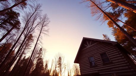 Captured from a low angle, this image presents an old wooden cabin nestled deep within the woods as the sun sets. The smooth 