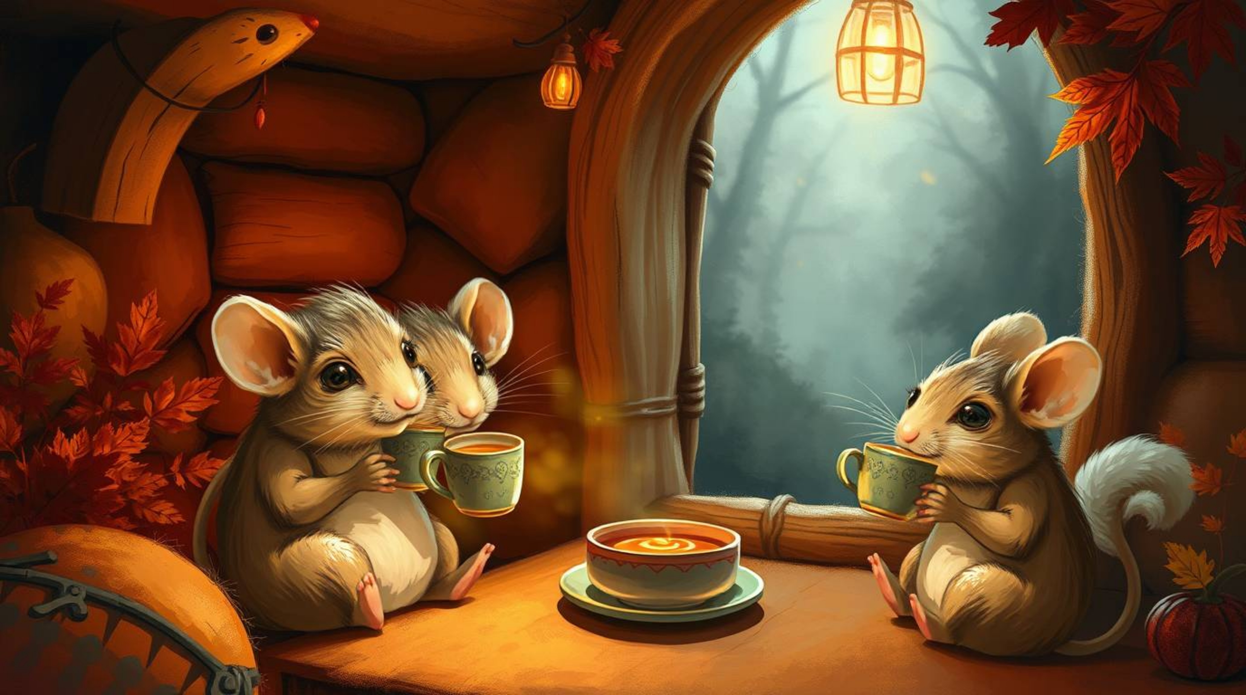 A charming digital painting showcases anthropomorphic mice enjoying a delightful tea party in a cozy cottage.  Rendered in wa