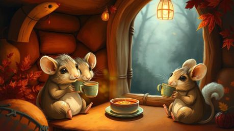 A charming digital painting showcases anthropomorphic mice enjoying a delightful tea party in a cozy cottage.  Rendered in wa