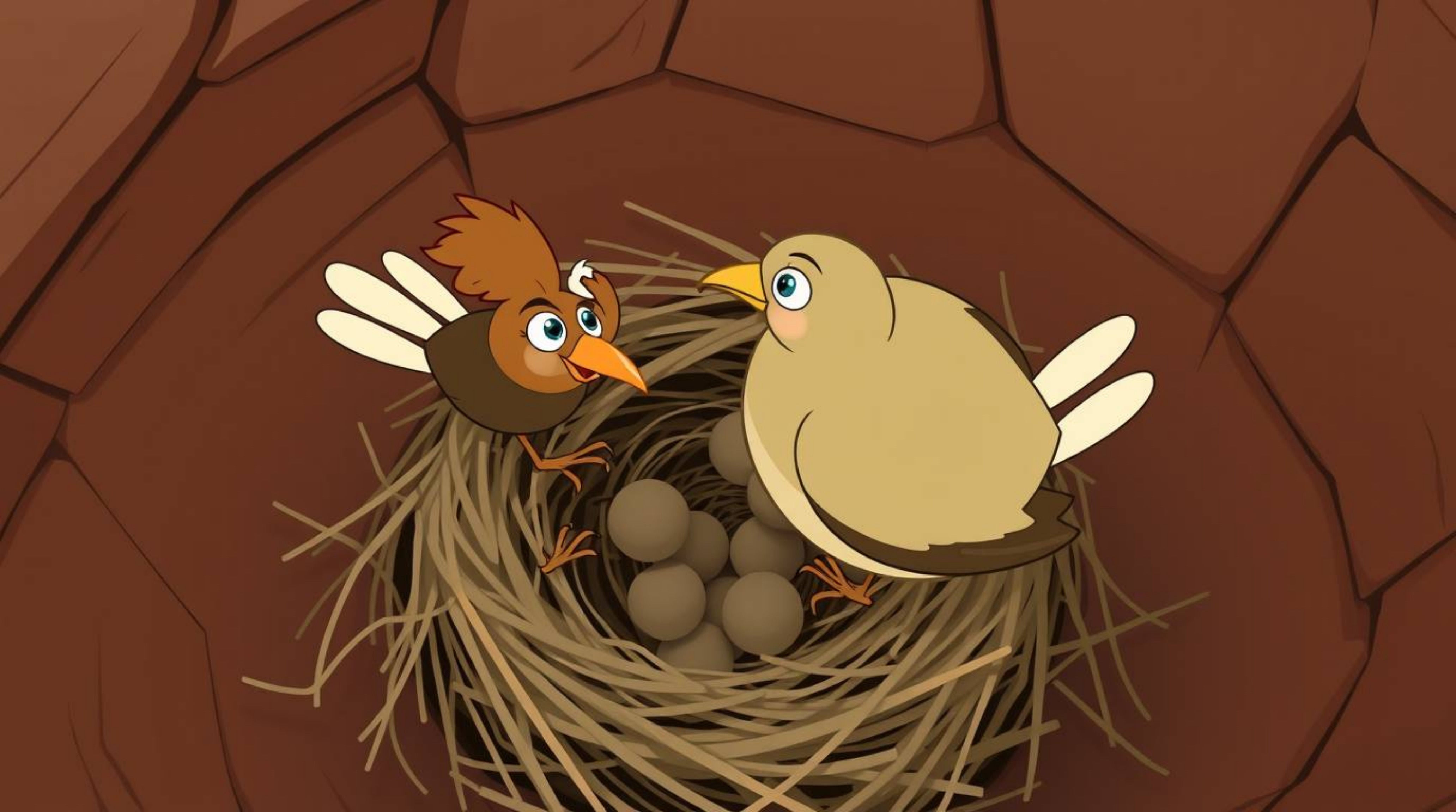 This high-angle perspective image features two cartoon birds diligently building a nest in a classic animation style. The art