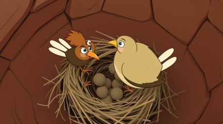This high-angle perspective image features two cartoon birds diligently building a nest in a classic animation style. The art