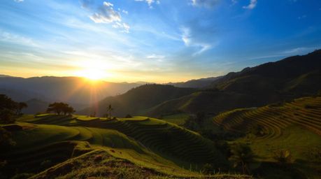 Capture the beauty of a sunset over rice terraces in the mountains with this cool-toned photograph. The strong, hard light cr