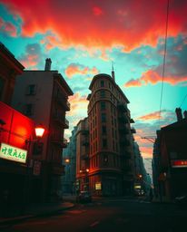 Explore a captivating surreal street scene bathed in warm, dramatic light. Buildings fold and twist in a cinematic compositio