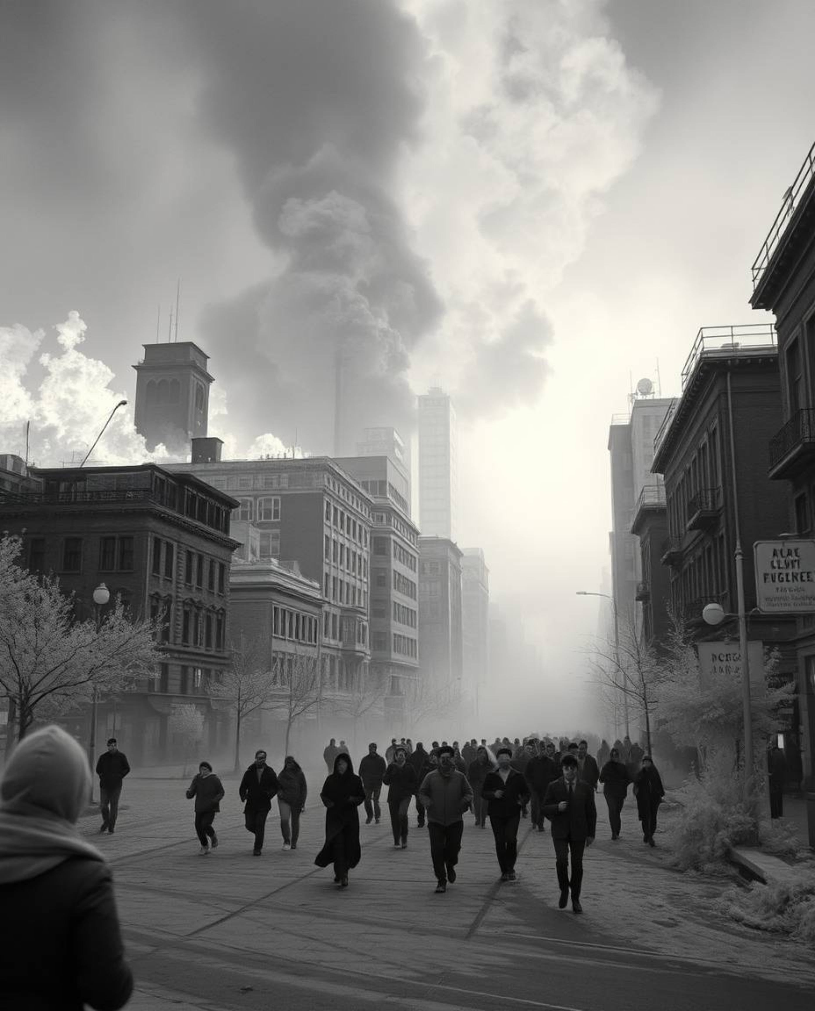 Explore a surreal infrared cityscape engulfed in flames, capturing the unsettling scene of people running amidst an eerie atm