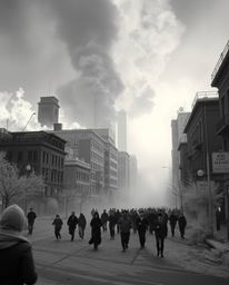 Explore a surreal infrared cityscape engulfed in flames, capturing the unsettling scene of people running amidst an eerie atm