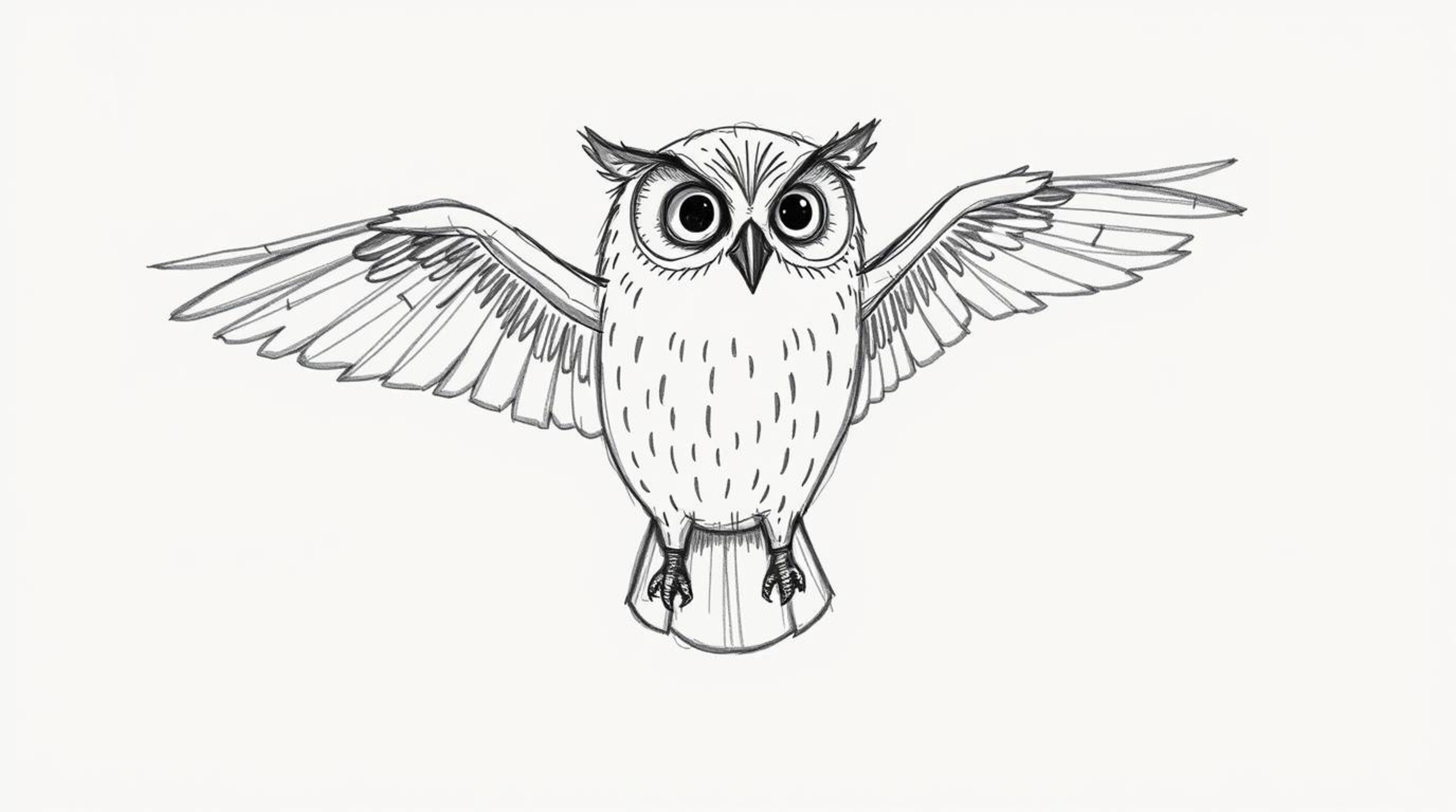 A heartwarming hand-drawn sketch in the style of Pixar depicts a blind owl, rendered with textured pencil strokes and rough l