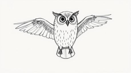 A heartwarming hand-drawn sketch in the style of Pixar depicts a blind owl, rendered with textured pencil strokes and rough l