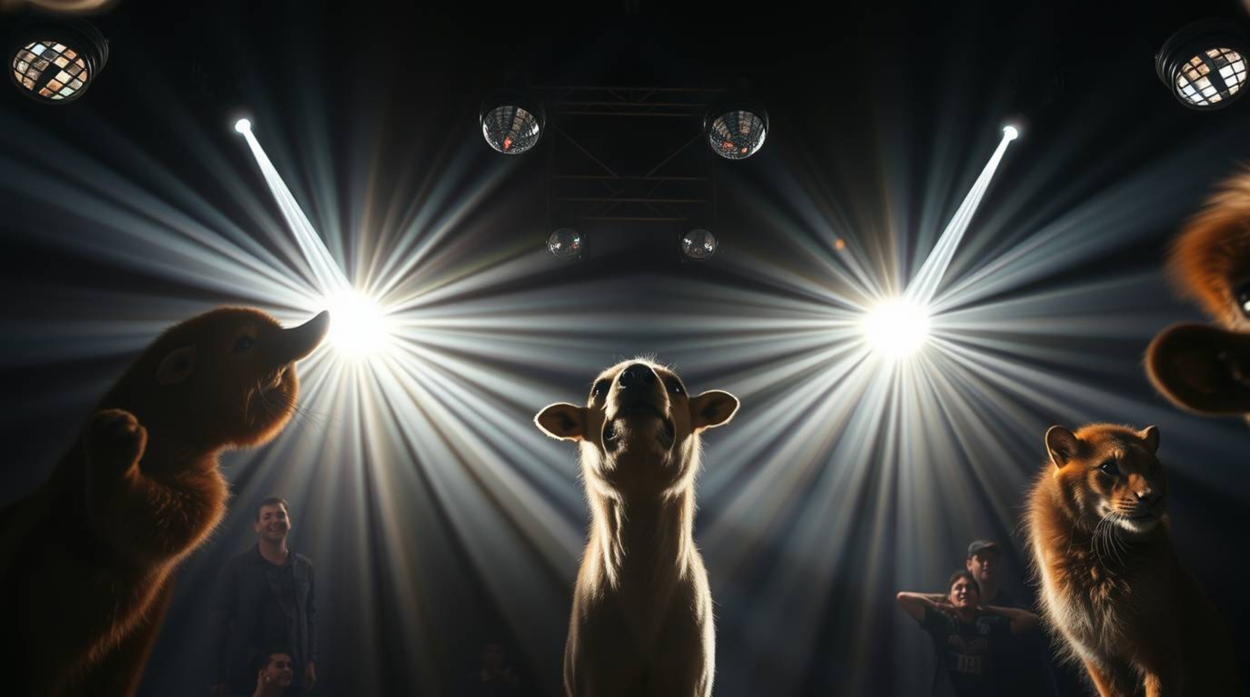 Experience a vibrant animal dance party brought to life with intense dramatic lighting and disco lights. This low-angle persp
