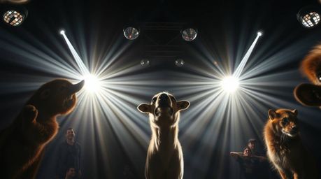 Experience a vibrant animal dance party brought to life with intense dramatic lighting and disco lights. This low-angle persp