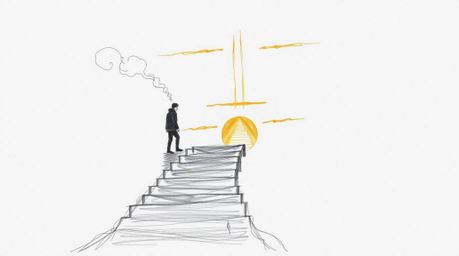 A captivating hand-drawn sketch portrays a solitary figure ascending a stone staircase towards a radiant beam of divine light