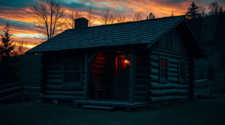 An old wooden cabin, bathed in the rich, deep teal glow of a sunset, exudes both luxury and vibrant energy. This captivating 