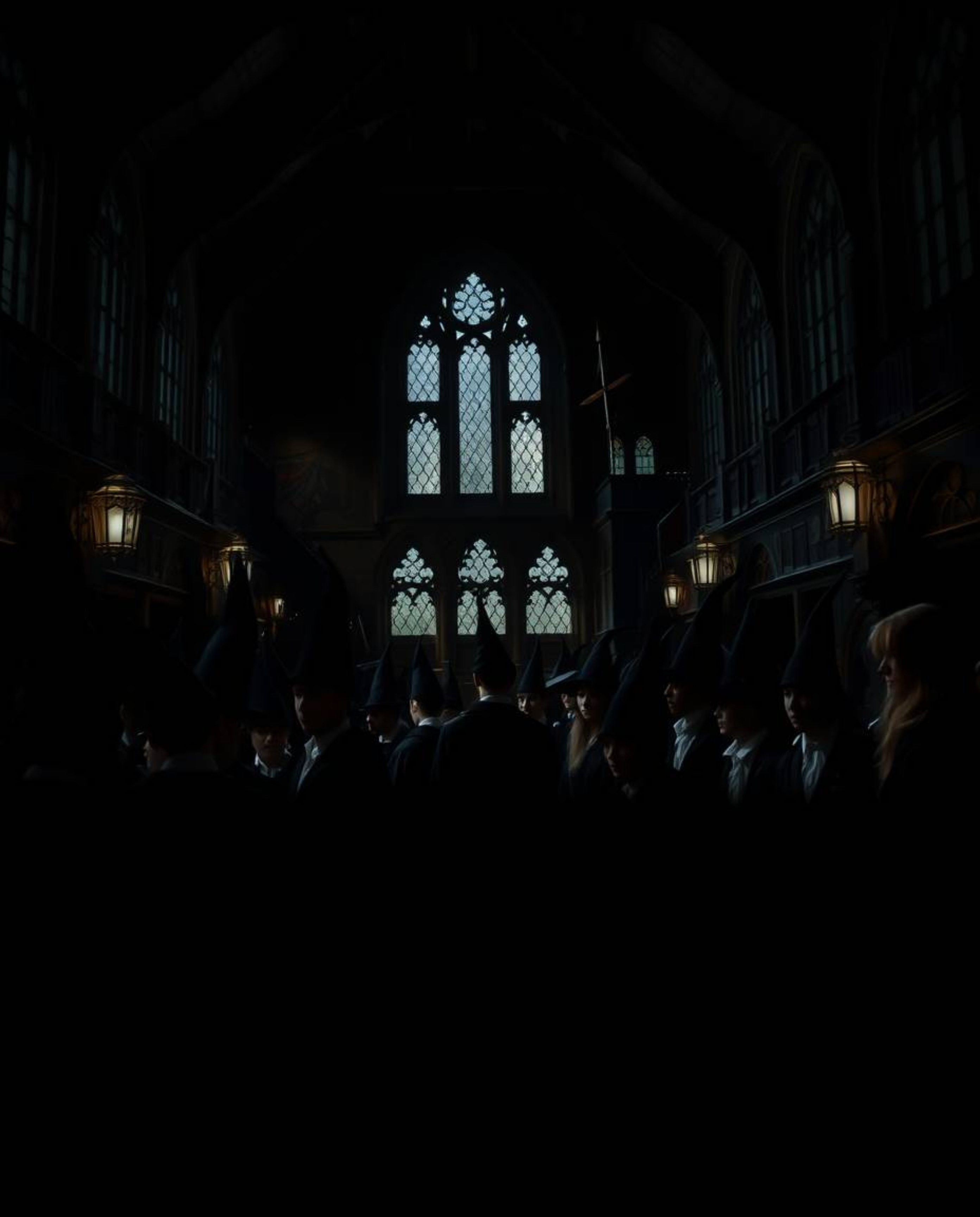 A captivating cinematic image of a magical school filled with young wizards.  The intense jet black background and high-contr