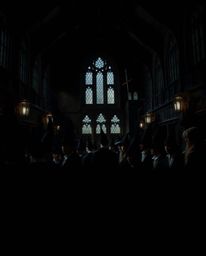 A captivating cinematic image of a magical school filled with young wizards.  The intense jet black background and high-contr
