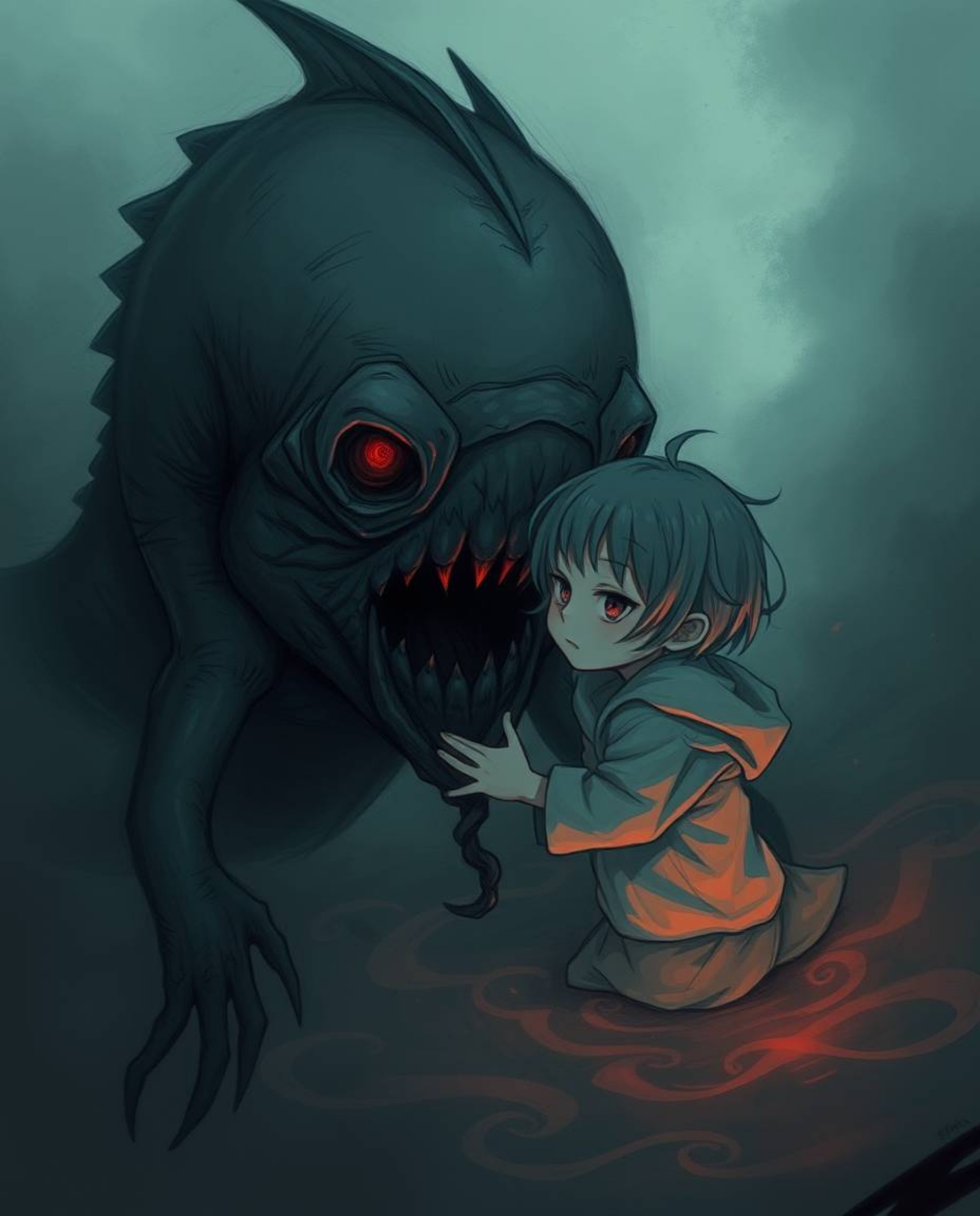 Discover a captivating anime-style illustration depicting an unusual bond between a child and a mysterious sea creature. Ren