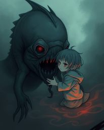 Discover a captivating anime-style illustration depicting an unusual bond between a child and a mysterious sea creature. Ren
