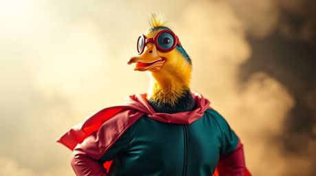A duck donning a zany superhero costume takes center stage, bathed in vibrant electric colors and dramatic volumetric lightin