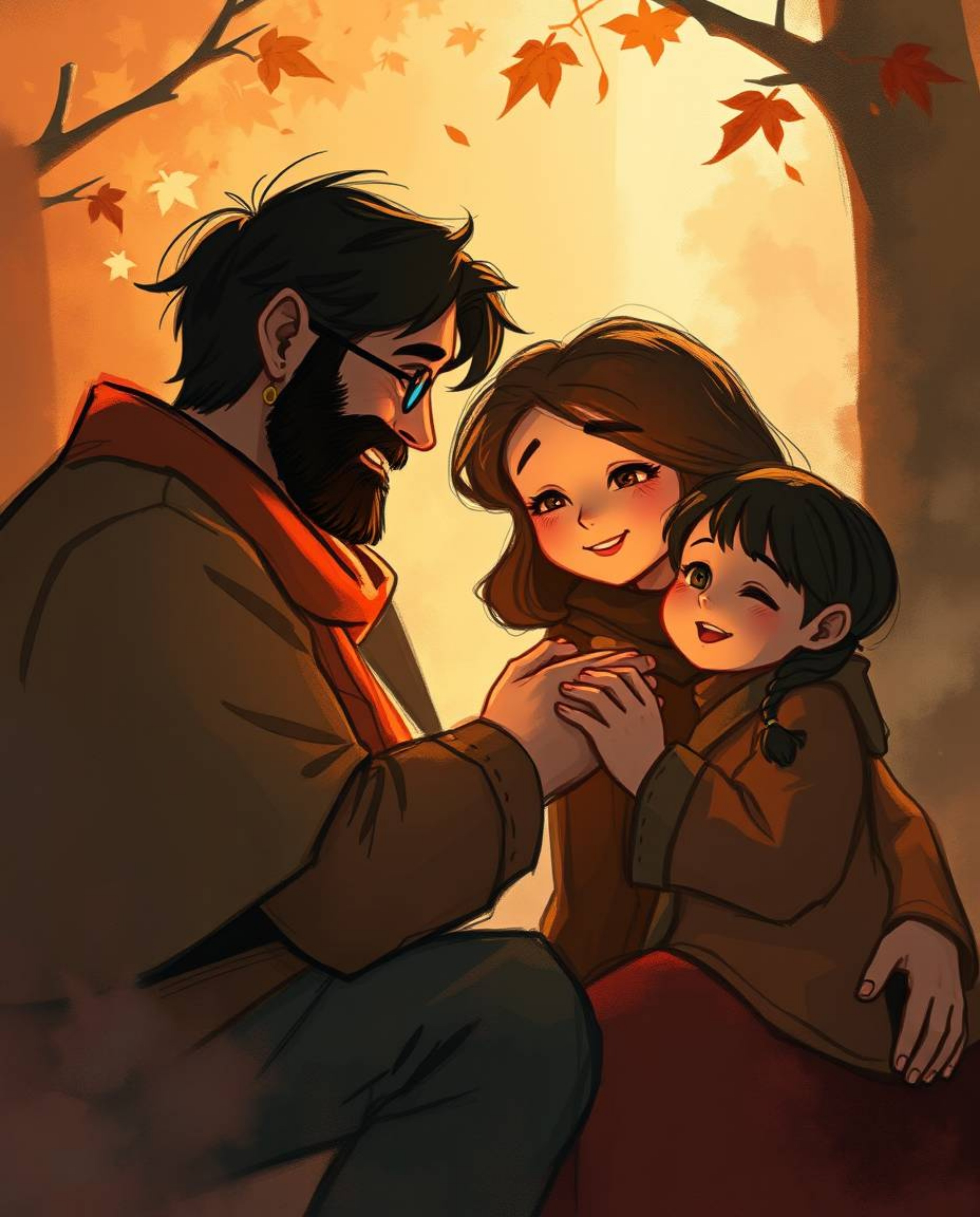 This digital sketch captures a heartfelt family reunion in the iconic Pixar style. The scene is bathed in warm autumnal and c