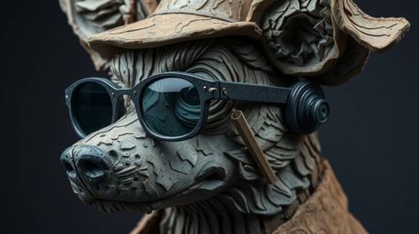 Discover a unique layered papier-mâché sculpture of a dog detective equipped with high-tech gadgets.  The intricate details a