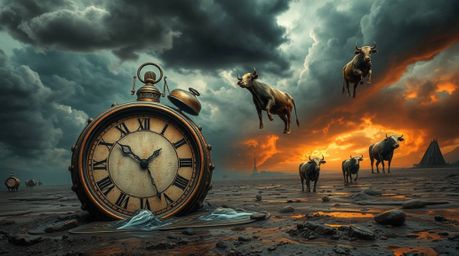 Explore a surreal dreamscape rendered in antique bronze, featuring melting clocks, floating cows, stormy skies, and a high-te
