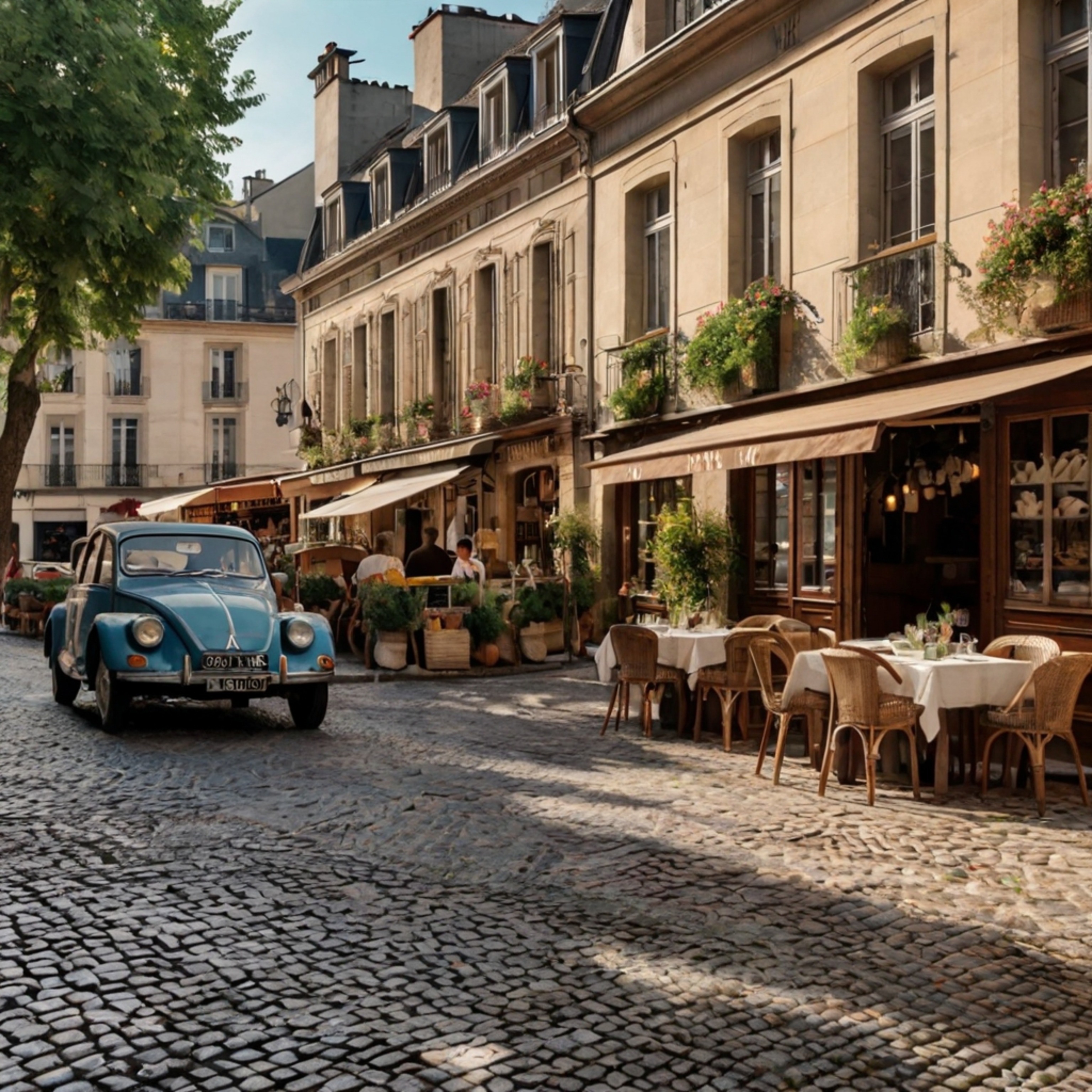 Experience the allure of a charming French street, complete with inviting cafes, vibrant flower boxes, and classic vintage ca