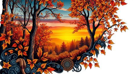 This vibrant retro-style tattoo art print features a stunning autumn forest illuminated by a warm sunset.  The design showcas