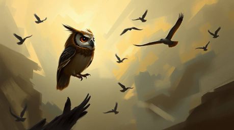 A dynamic digital sketch depicting a Pixar-style blind owl teaching birds to fly amidst stormy skies.  The artwork features l