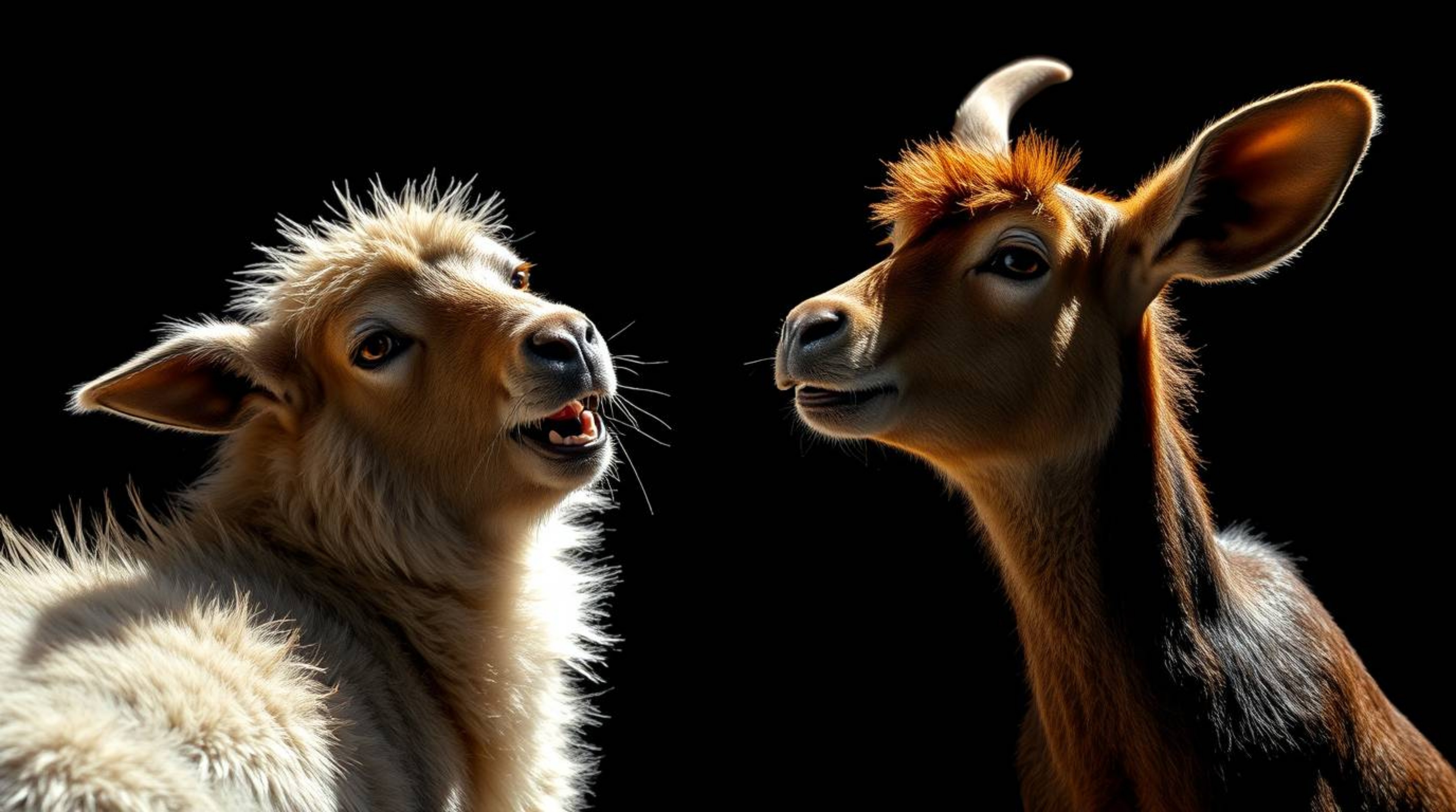 A captivating image features a duo of talking animals engaging in playful mischief.  The scene is dramatically lit with stron