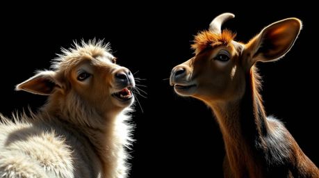 A captivating image features a duo of talking animals engaging in playful mischief.  The scene is dramatically lit with stron
