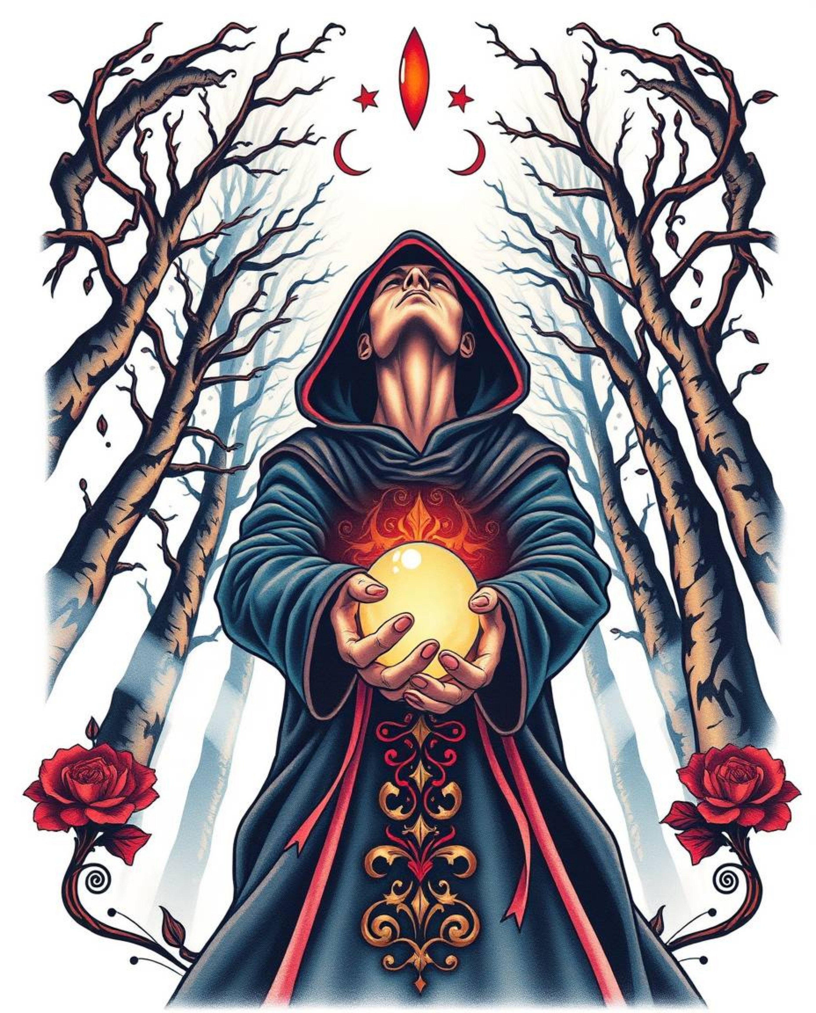 This captivating traditional tattoo art print features a low-angle perspective of a cloaked figure with dark clothing, their 