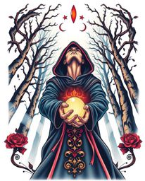 This captivating traditional tattoo art print features a low-angle perspective of a cloaked figure with dark clothing, their 