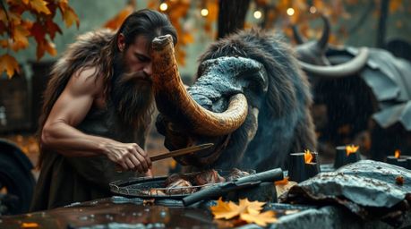 Experience a high-resolution stock photo capturing a caveman's culinary scene: cooking mammoth meat amidst a wet, rainy backd