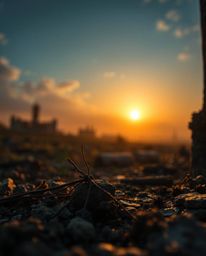 An extreme macro close-up reveals the intricate textures and minute details of a sunrise over a war-torn landscape.  This cap